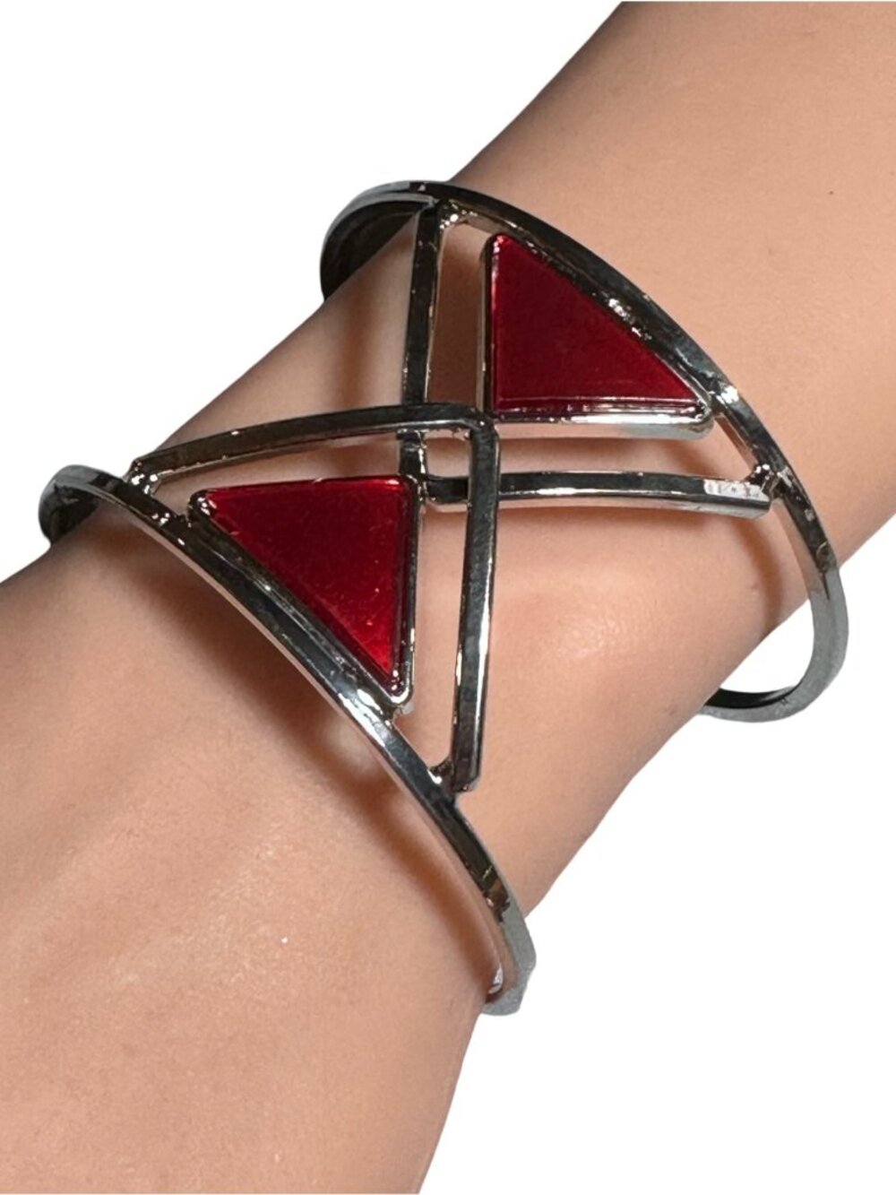 Cuff Bracelet Silver Tone Red Center Geometric Lightweight Womens Jewelry NWOT - Picture 2 of 6